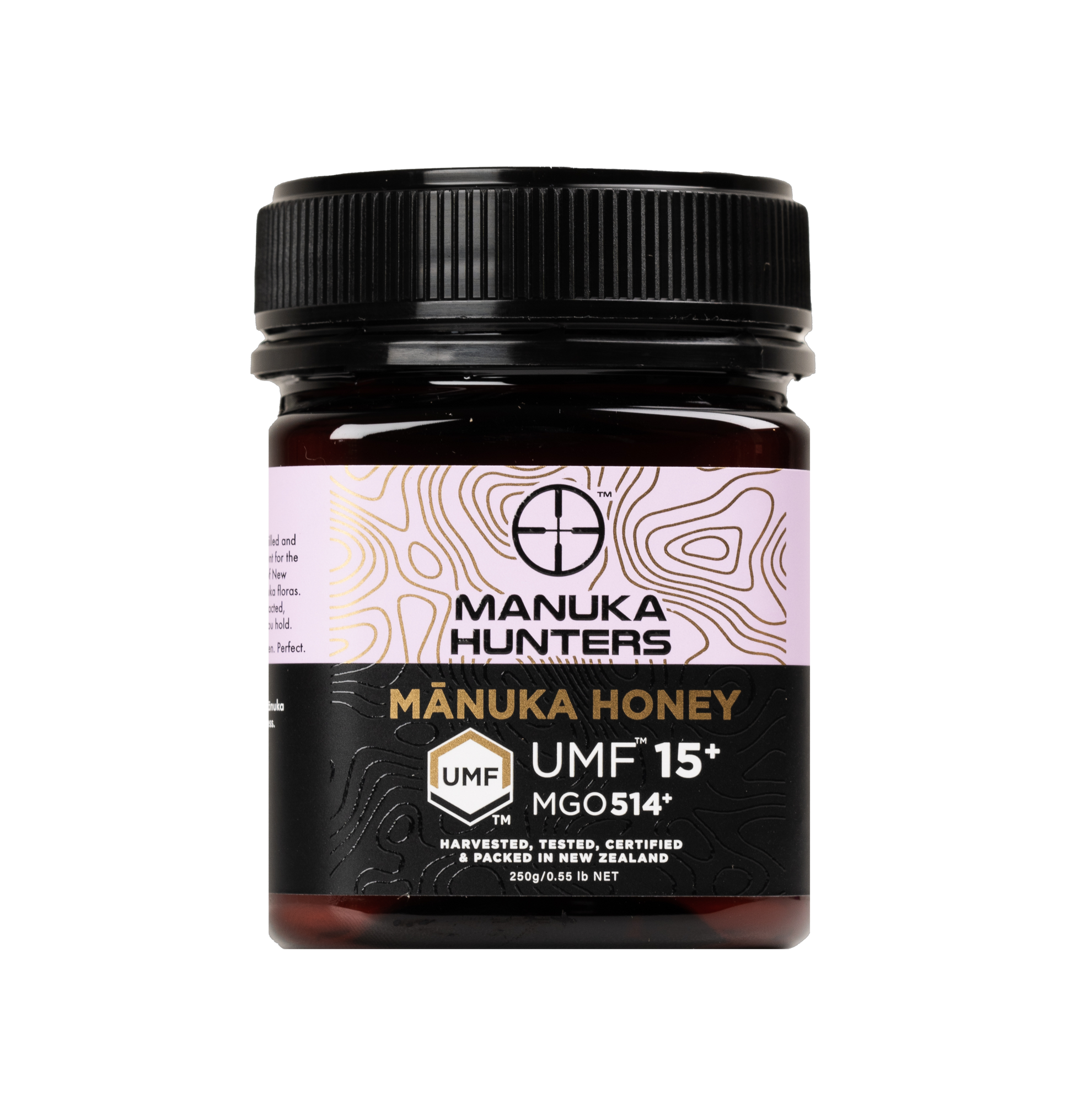 Manuka Hunters Manuka Honey Jar, 250g, close up of jar and label, UMF 20+ MGO 514+