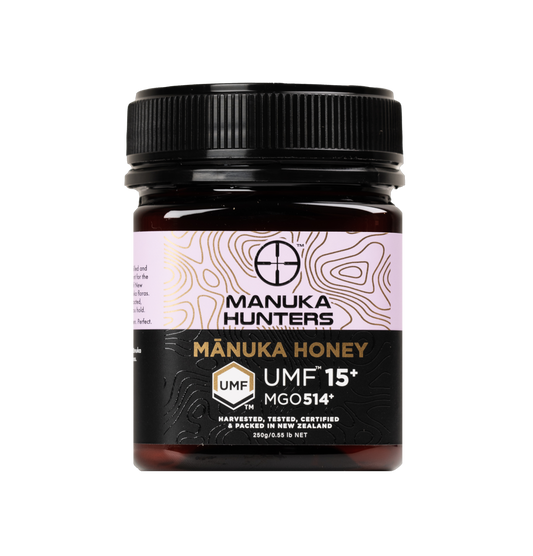 Manuka Hunters Manuka Honey Jar, 250g, close up of jar and label, UMF 20+ MGO 514+