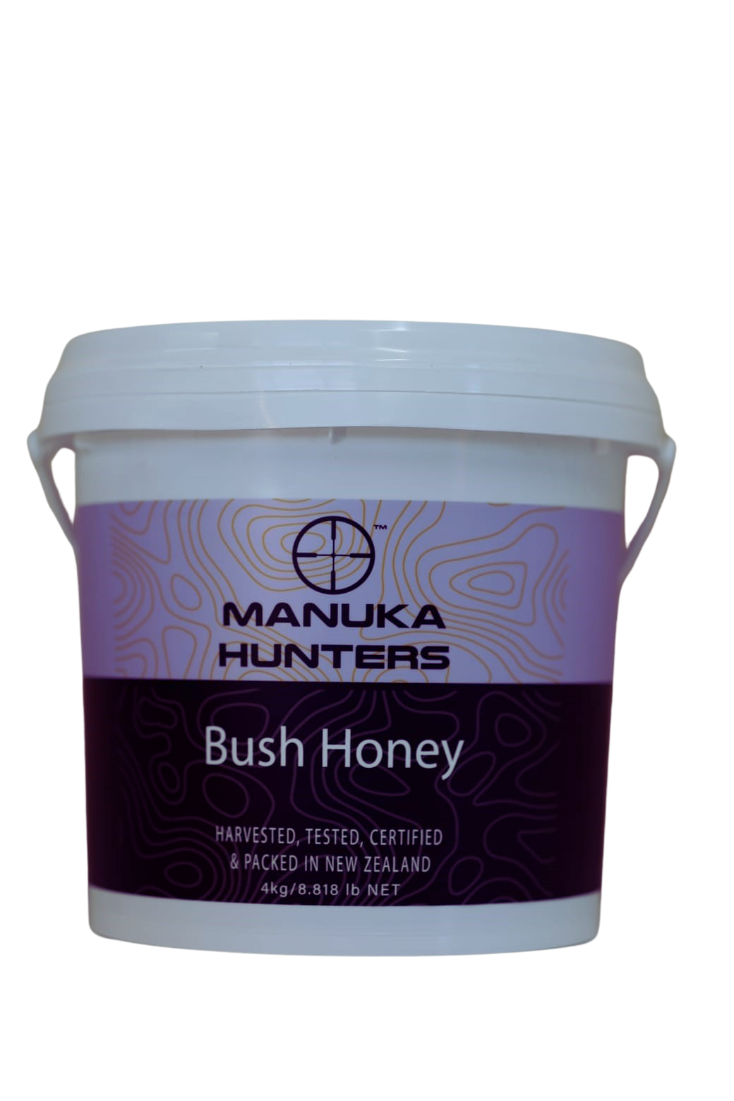 A 4kg container of Manuka Hunters Bush Honey with a white lid and purple label, showcasing the brand and product name.