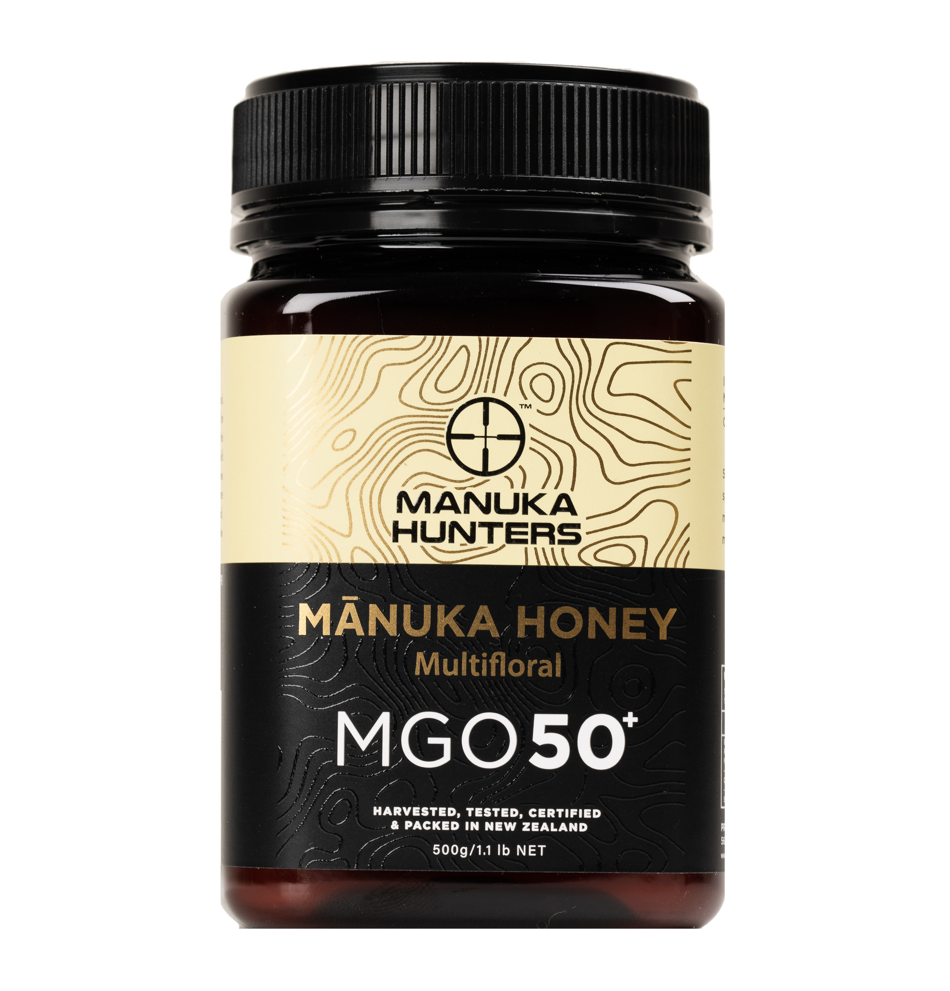 Manuka Hunters Honey Jar, 500g, close up of Jar and label, MGO 50+