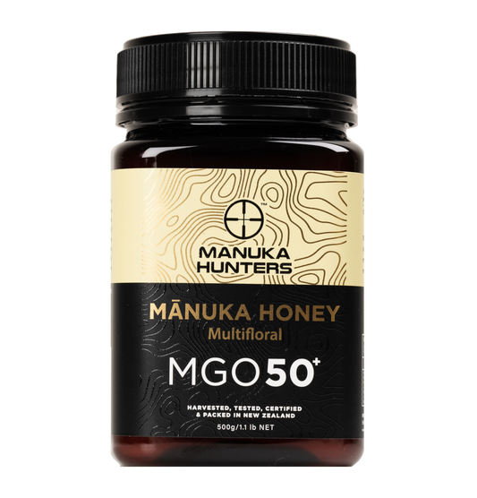 Manuka Hunters Honey Jar, 500g, close up of Jar and label, MGO 50+