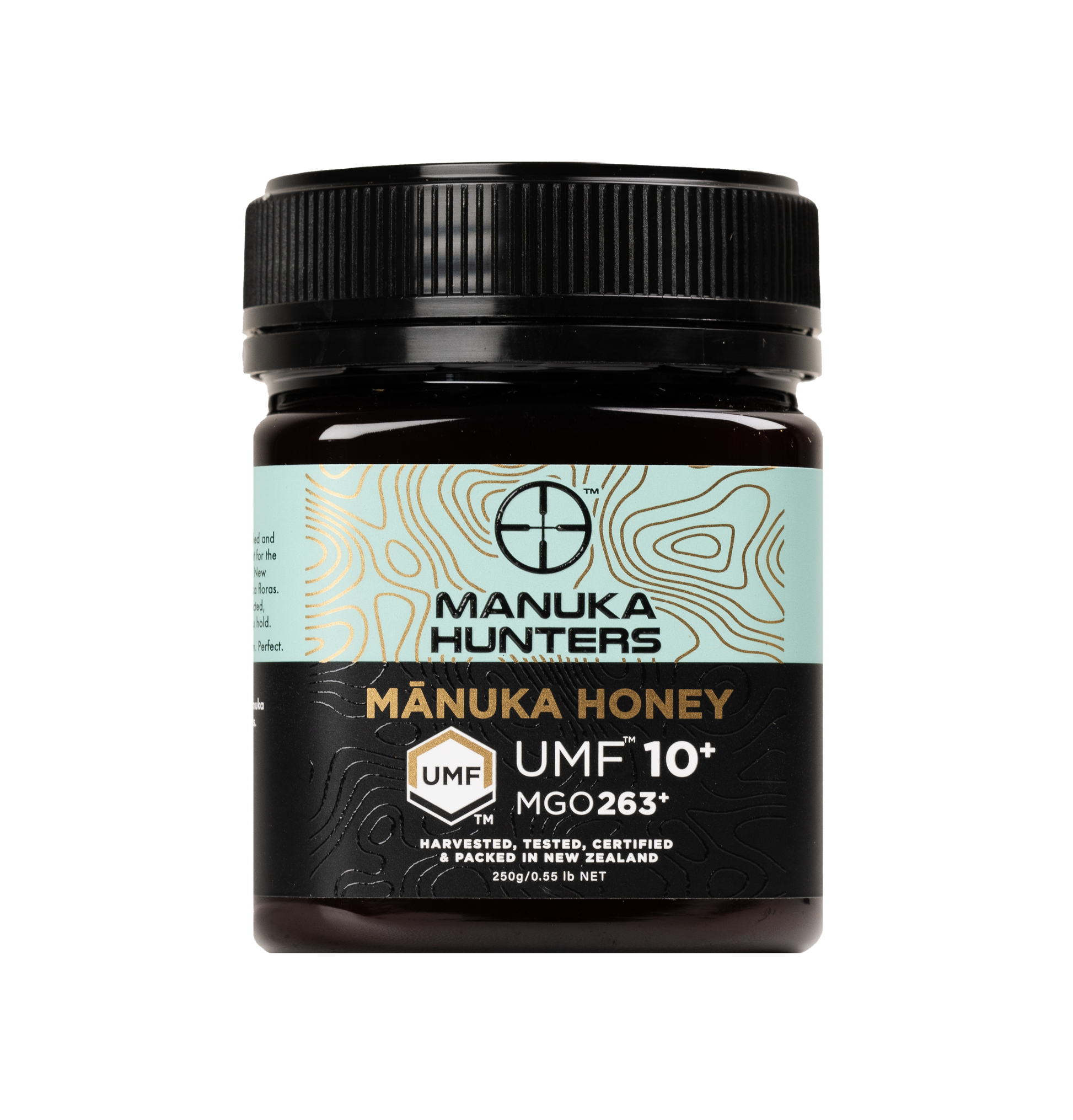 A jar of Mānuka Honey 10+ UMF™ (MGO 263+) with a label indicating the brand and product details, against a transparent background. Brand is Manuka Hunters