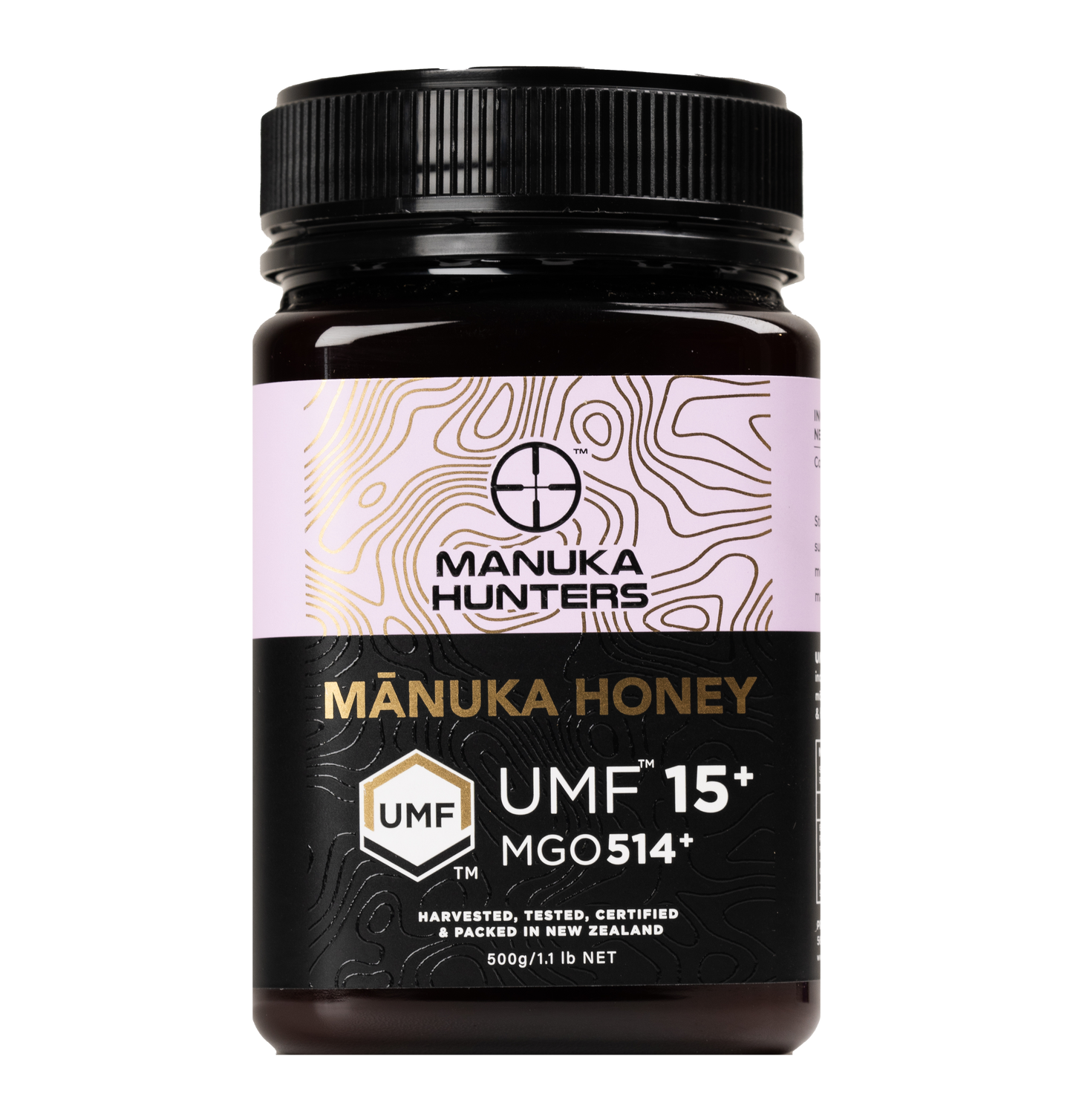 A jar of Mānuka Honey 15+ UMF™ Manuka Hunters brand, with a label indicating the product is tested for quality, 500g net weight, and certified organic. MGO 514+