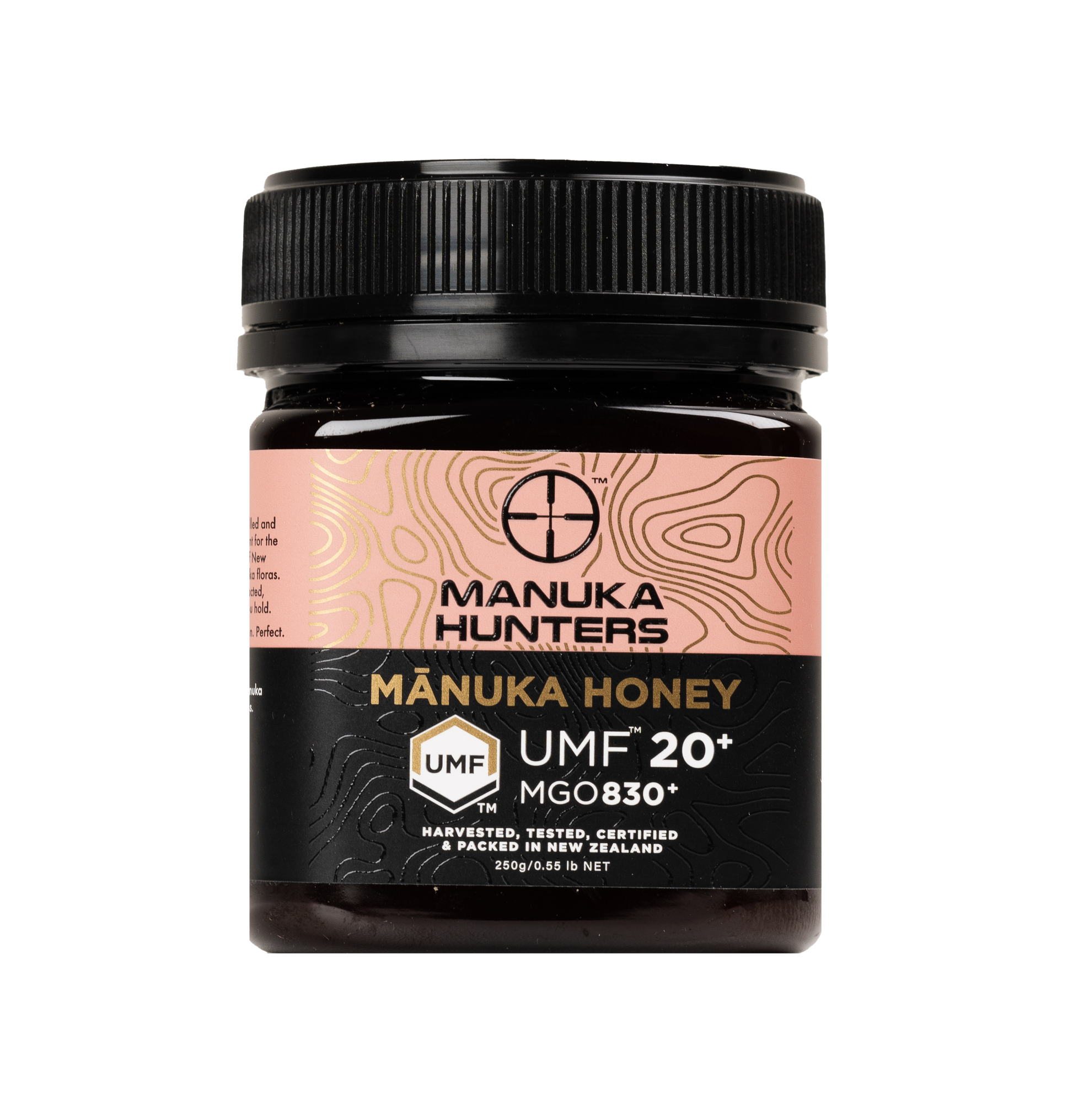 A jar of Mānuka Honey 20+ UMF™ (830MGO) 250g with a black label and pink and gold text, indicating it is a premium, high-UMF certified honey from New Zealand's Manuka Hunters.