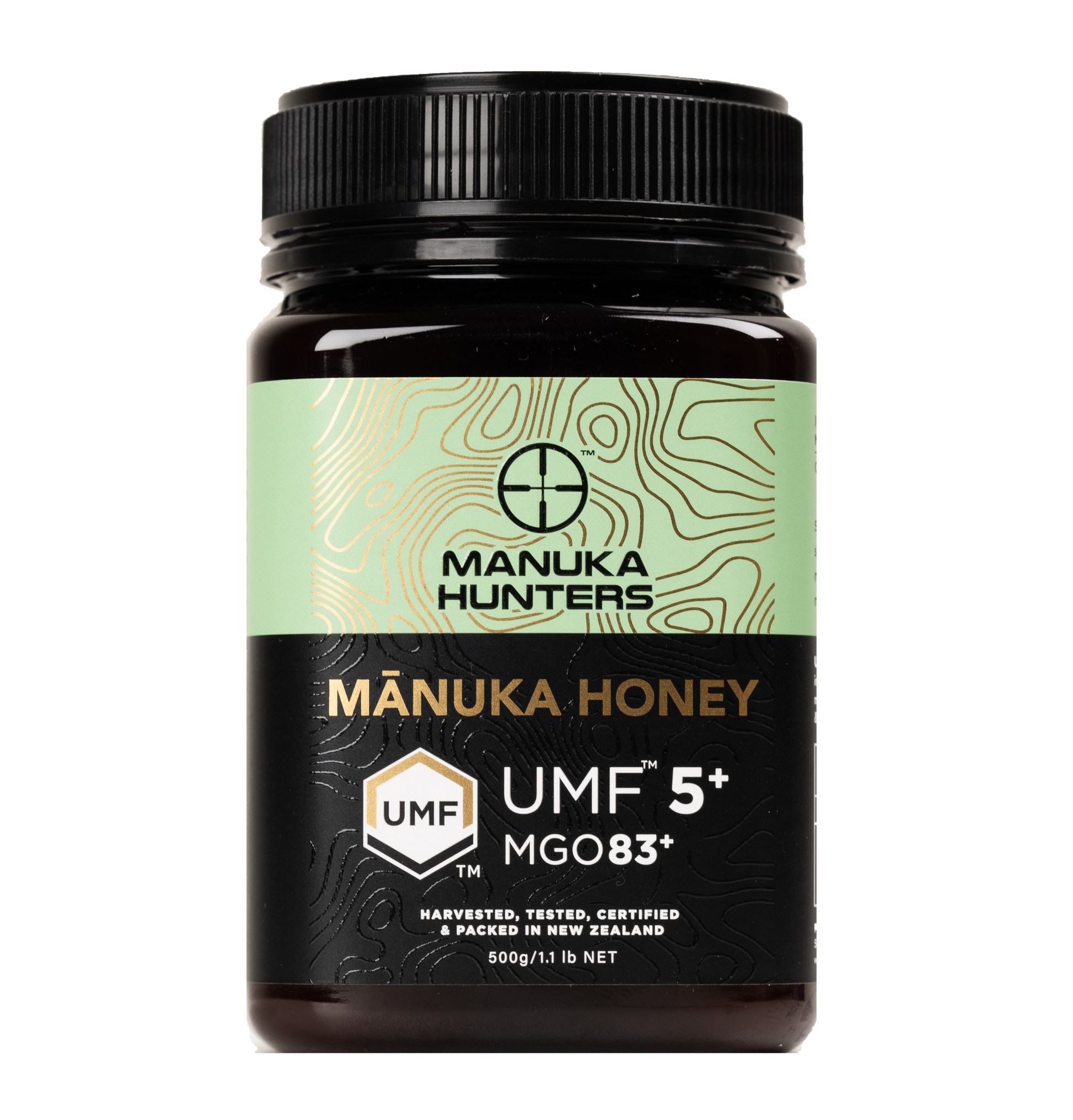 Manuka Hunters Honey Jar, 500g close up of Jar and label, UMF 5+ MGO 83+