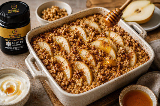 Honey drizzled baked oats with pear and walnuts