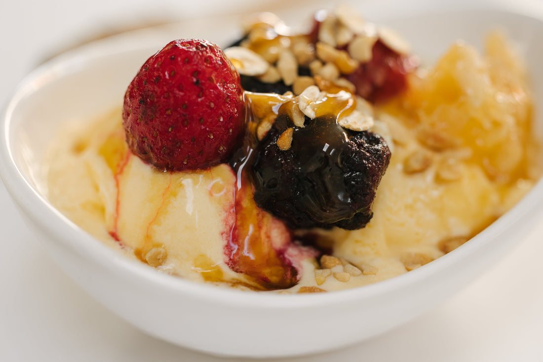 Nuts, Berries and ice-cream, dripping in honey