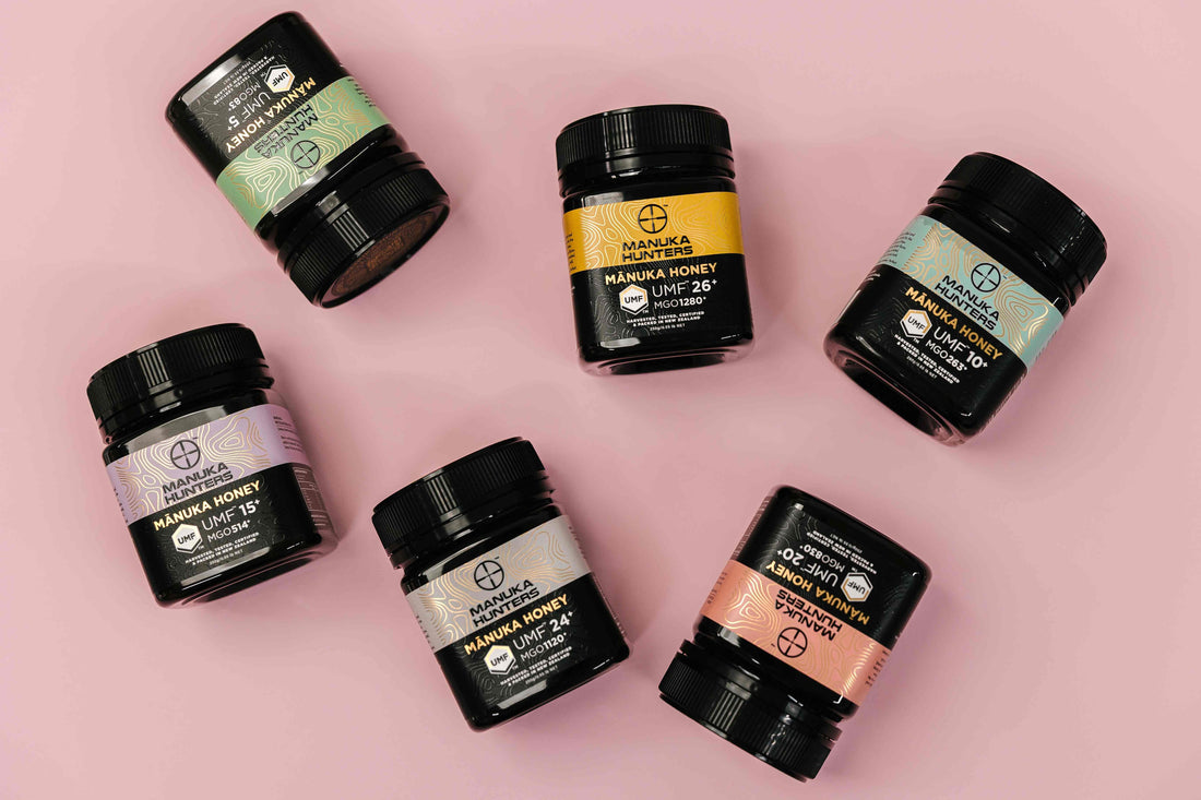 The Manuka Hunters honey range. Various jars and types, or strengths, of honey displayed