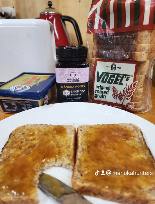 Manuka honey on buttered toast makes a yummy and healthy snack