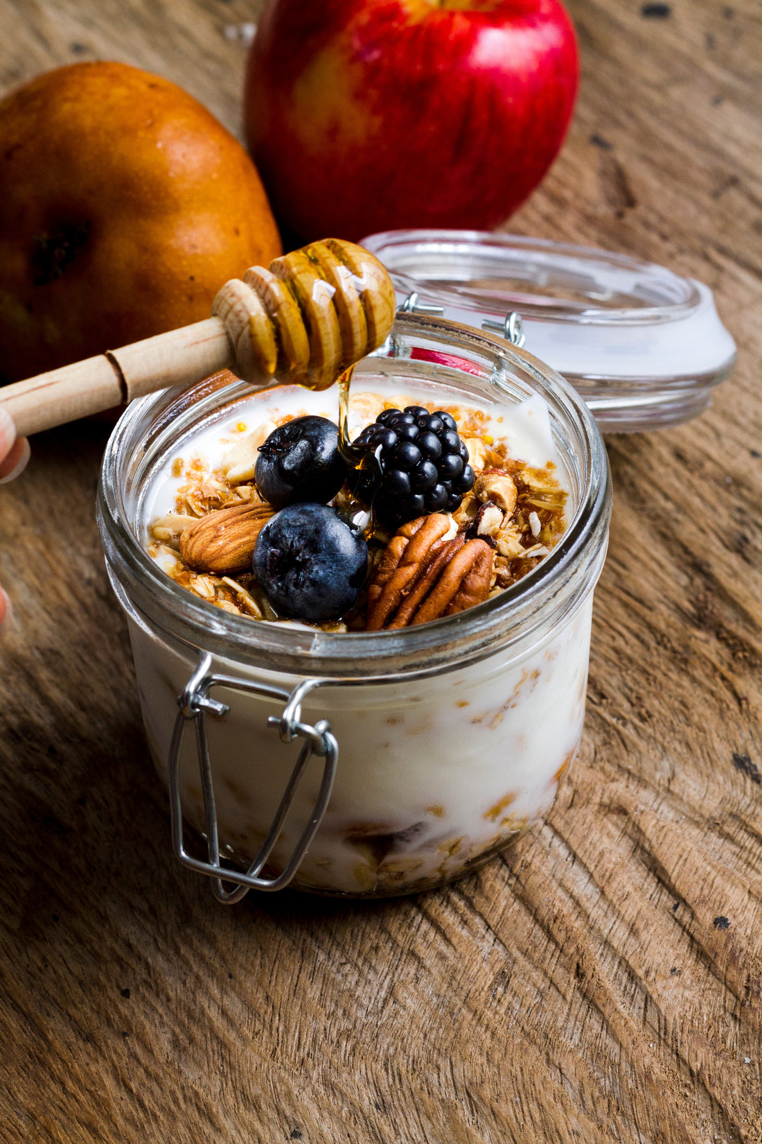 Breakfast Oats with milk, yoghurt, fruits nuts and manuka honey