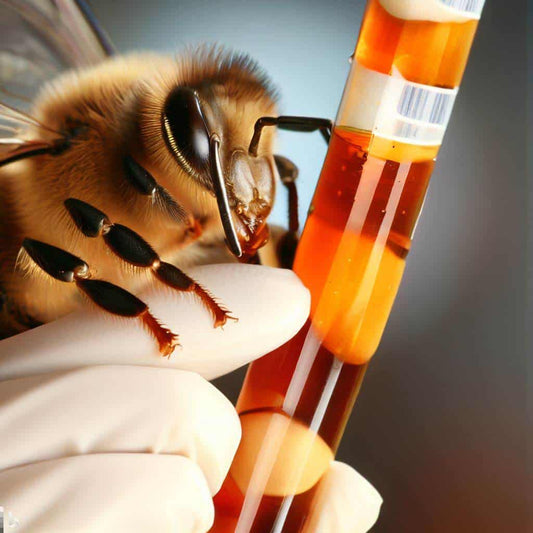 honey bee on a scientists glove holding a test tube of manuka honey