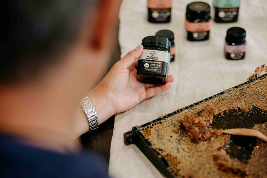 man looking at Manuka Hunters homey jars and a hive filter-board 