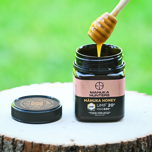 Scooping honey from a Manuka Hunters honey jar