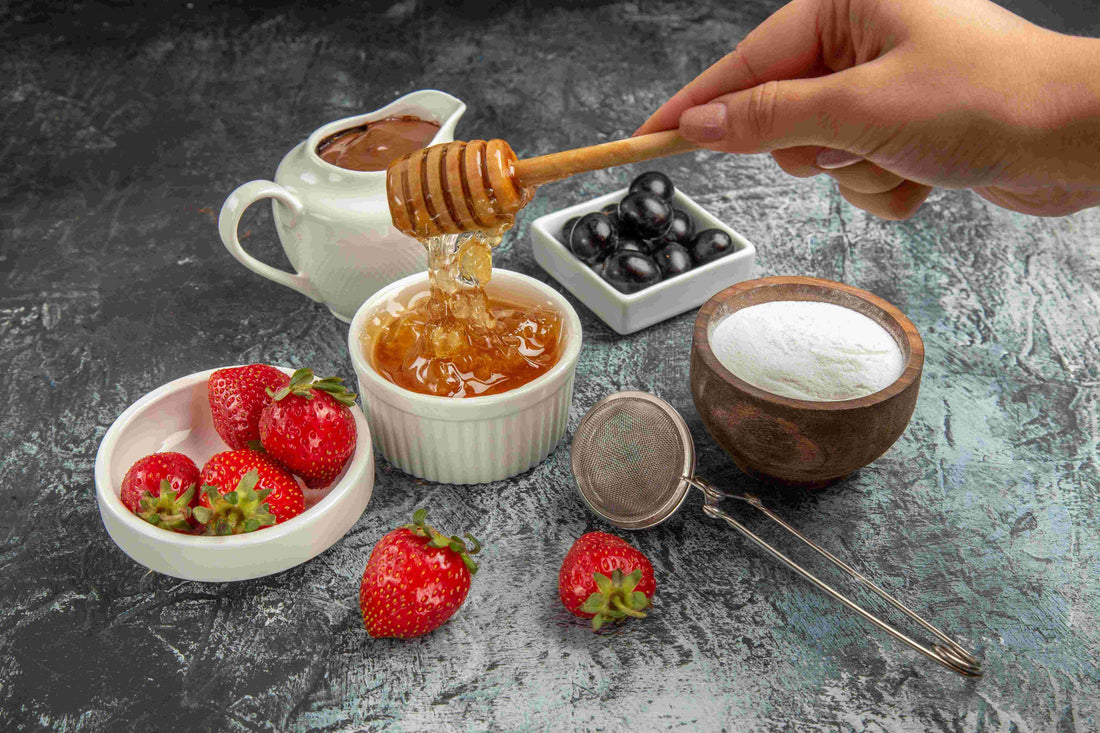 sugar, honey, strawberries, manuka honey and tea